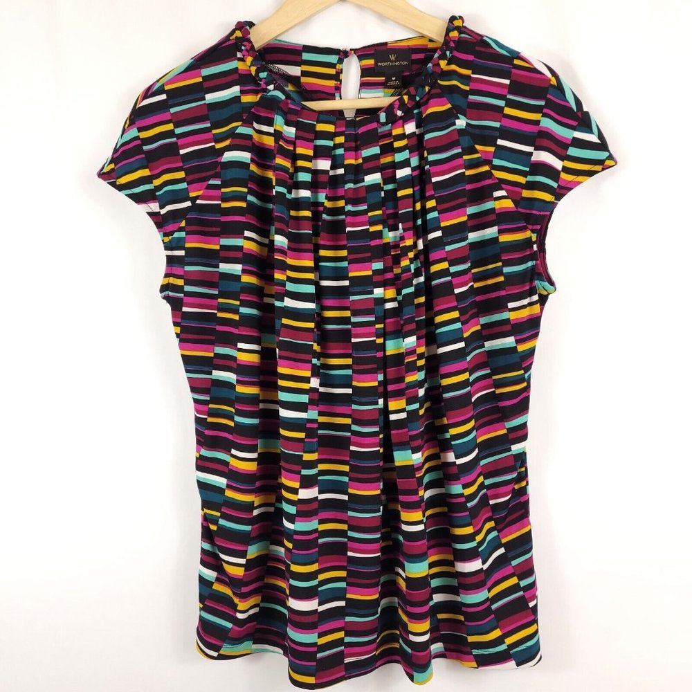 Worthington Womens Short Sleeve Pleated Striped Multi-Colored Blouse Size M